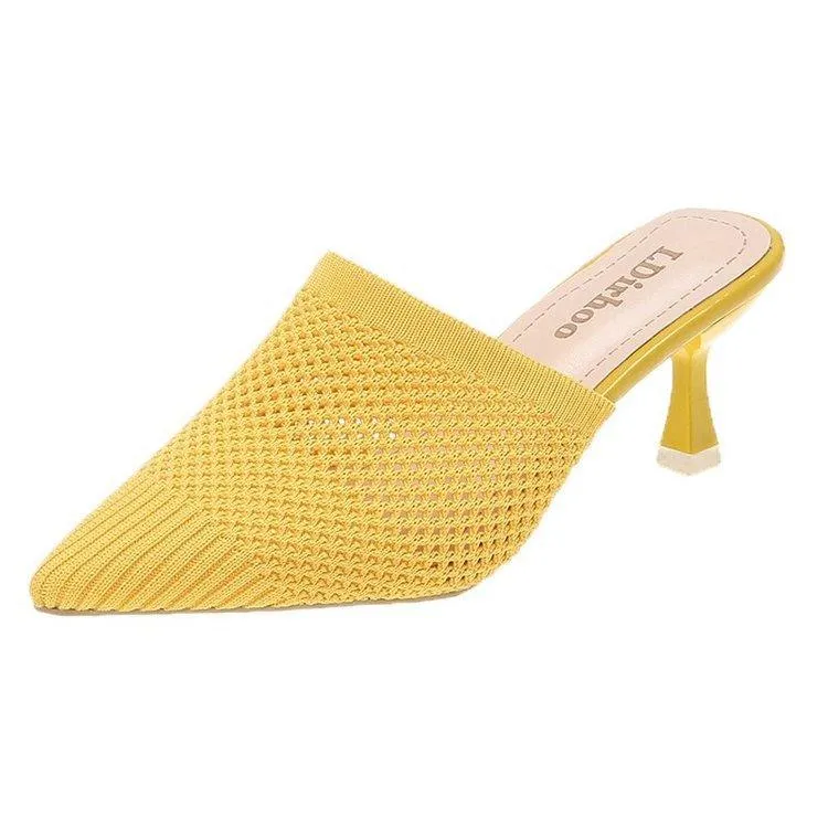 Women's Pointed Mid-heel Flying Woven Sandals And Slippers