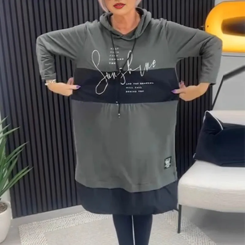Women's Printed Casual Hoodie Dress with Pockets